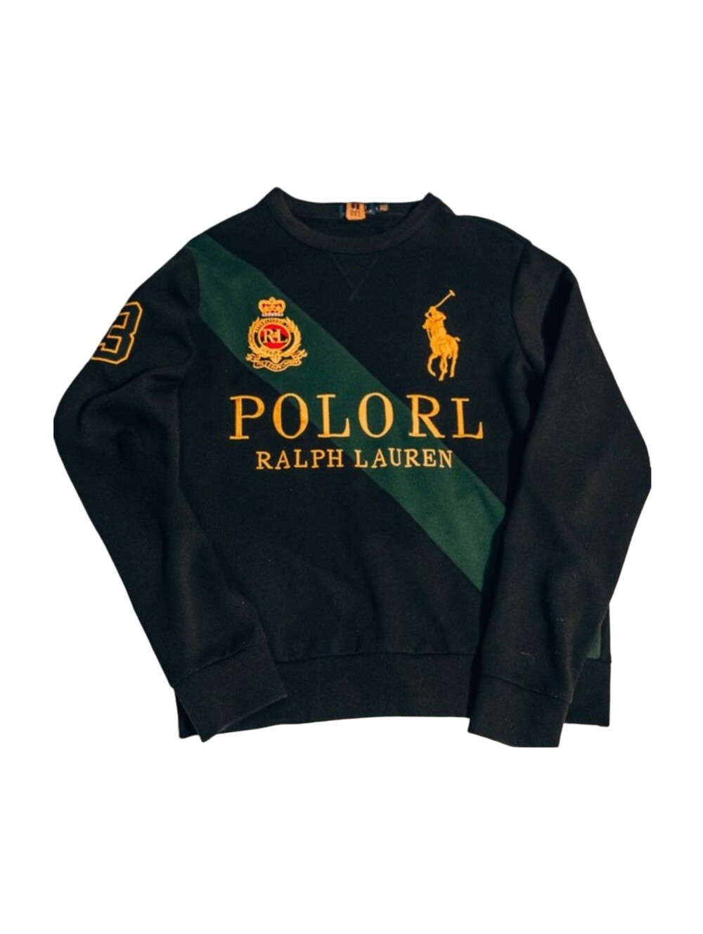 POLO RALPH LAUREN CREW VINTAGE SWEATER (GREEN, BLACK AND GOLD) SIZE L